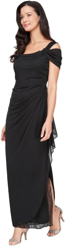 Alex Evenings Women's Long Cold Shoulder Dress, Mother of The Bride, Formal Events, (Petite and Regular Sizes)