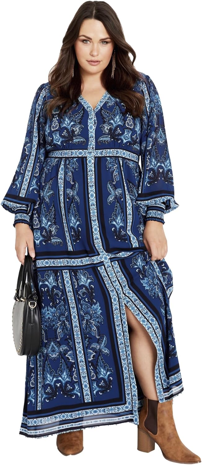 Avenue Women's Plus Size Serene Placement Sleeved Maxi Dress
