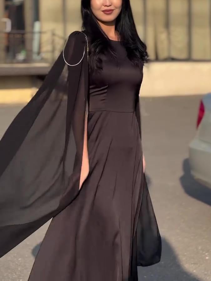 BabynBeauty Women's Maxi Dress, Round Neck, Regular Fit, Brown Black, XS-XL, Wedding Daily Wear, Polyester, Plain, A-Line, Belted - Image 3