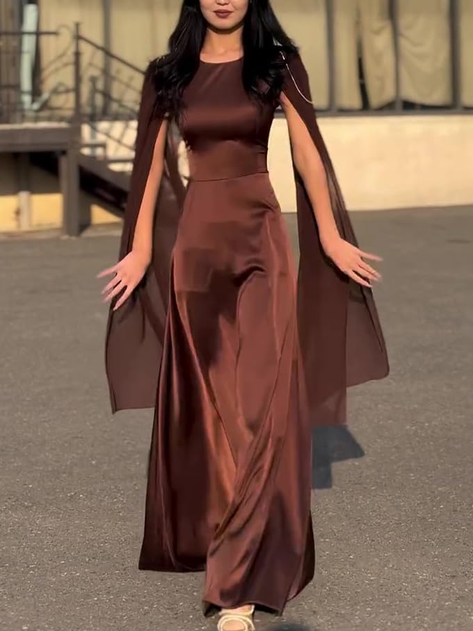 BabynBeauty Women's Maxi Dress, Round Neck, Regular Fit, Brown Black, XS-XL, Wedding Daily Wear, Polyester, Plain, A-Line, Belted - Image 6