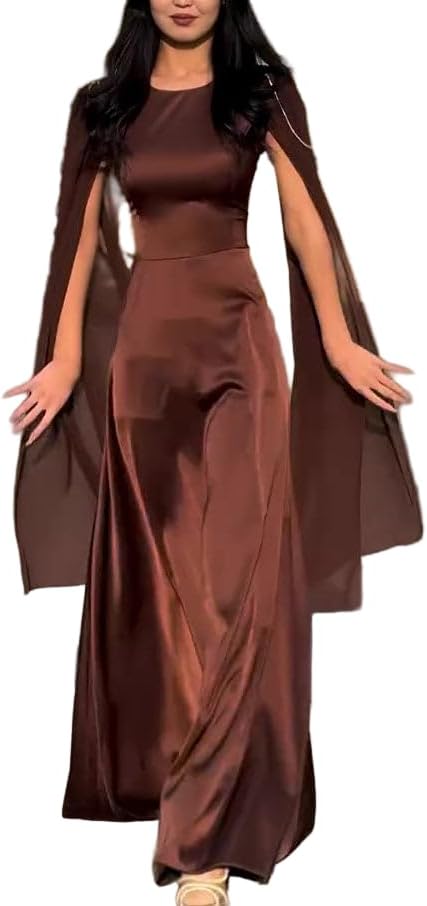 BabynBeauty Women's Maxi Dress, Round Neck, Regular Fit, Brown Black, XS-XL, Wedding Daily Wear, Polyester, Plain, A-Line, Belted