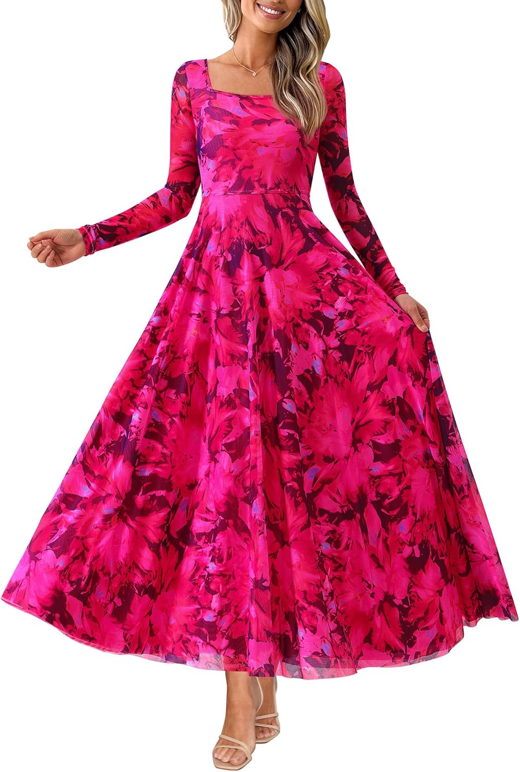 BTFBM Women Maxi Dress Fall 2025 Fashion Elegant Long Sleeve Square Neck Floral Print Party Club Wedding Guest Dresses