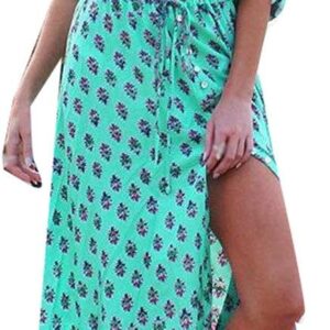 BU2H Women's Bohemian Print Drawstring Long Sleeve Beach Maxi Dress Green US XS