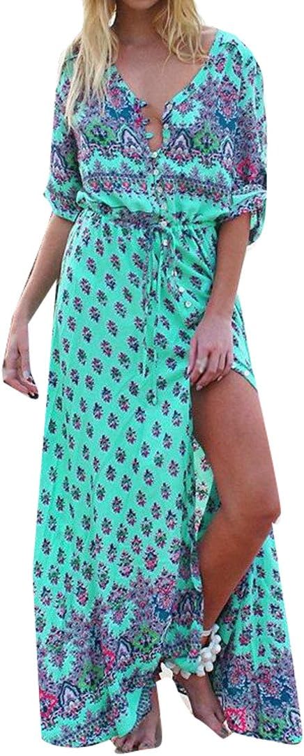 BU2H Women's Bohemian Print Drawstring Long Sleeve Beach Maxi Dress Green US XS