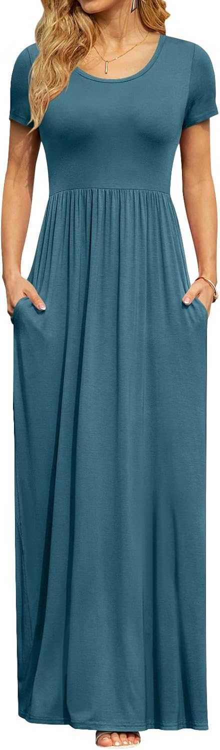 DB MOON Womens 2025 Summer Maxi Dresses Casual Short Sleeve Empire Waist Spring Long Dress with Pockets - Image 29