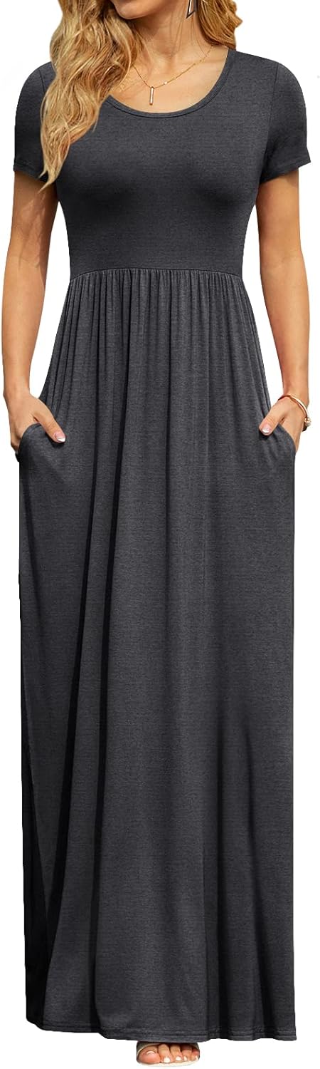 DB MOON Womens 2025 Summer Maxi Dresses Casual Short Sleeve Empire Waist Spring Long Dress with Pockets - Image 2