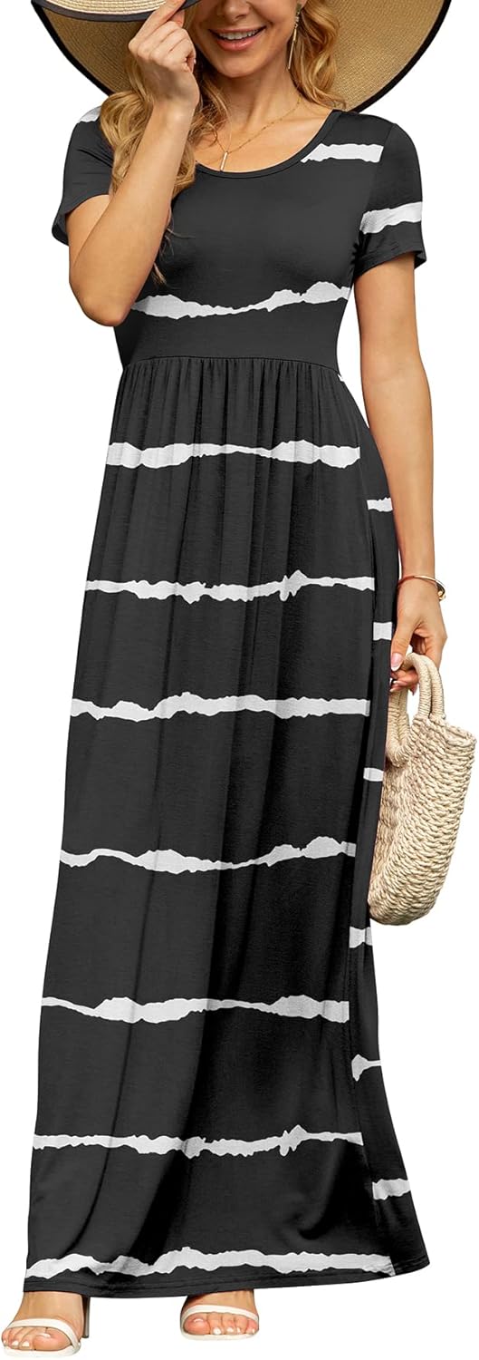 DB MOON Womens 2025 Summer Maxi Dresses Casual Short Sleeve Empire Waist Spring Long Dress with Pockets - Image 24