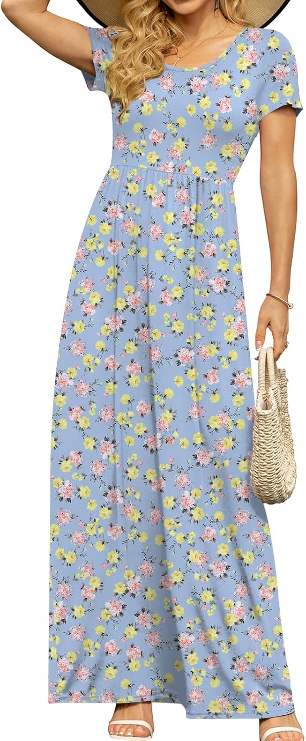 DB MOON Womens 2025 Summer Maxi Dresses Casual Short Sleeve Empire Waist Spring Long Dress with Pockets - Image 28