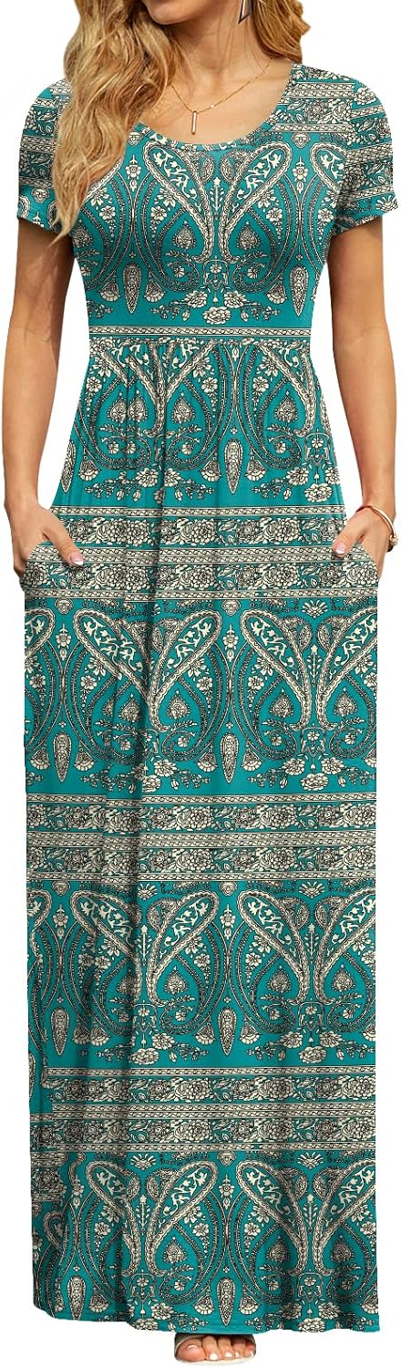 DB MOON Womens 2025 Summer Maxi Dresses Casual Short Sleeve Empire Waist Spring Long Dress with Pockets - Image 2