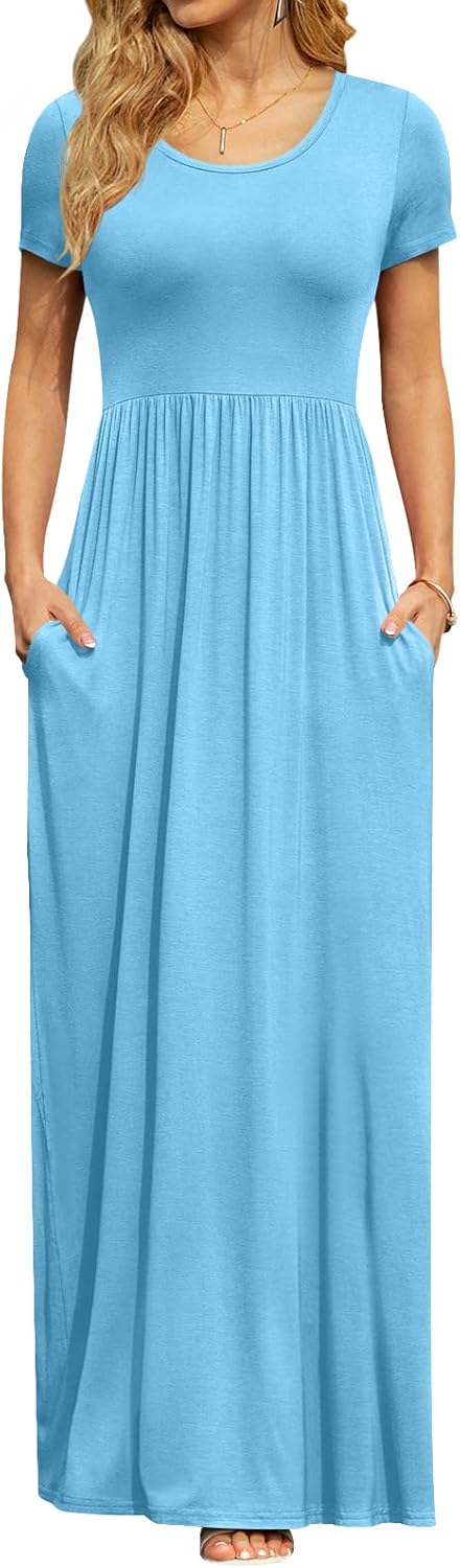 DB MOON Womens 2025 Summer Maxi Dresses Casual Short Sleeve Empire Waist Spring Long Dress with Pockets - Image 31
