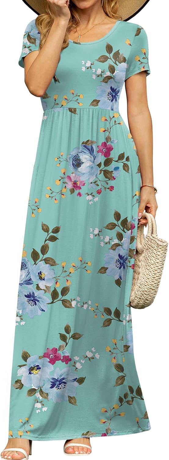 DB MOON Womens 2025 Summer Maxi Dresses Casual Short Sleeve Empire Waist Spring Long Dress with Pockets - Image 3
