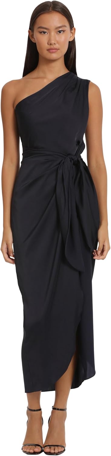 Donna Morgan Women's One Shoulder Faux Wrap Light Charmeuse Maxi with Tie Waist Occasion Event Party Guest of