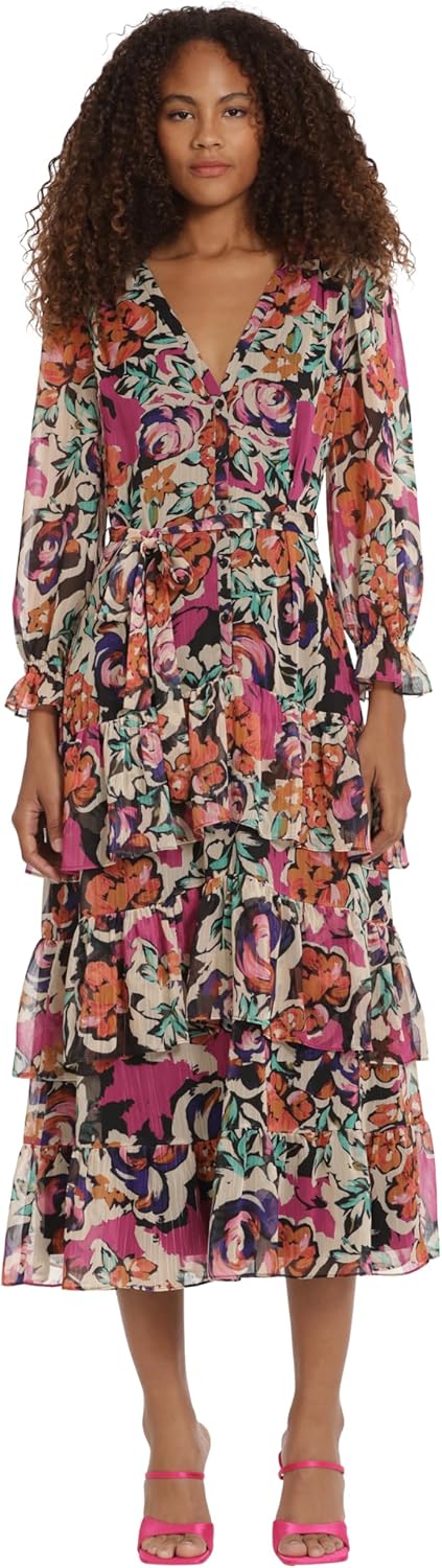 Donna Morgan Women's V-Neck Tiered Skirt Maxi Day Dress Event Party Night Out Guest of