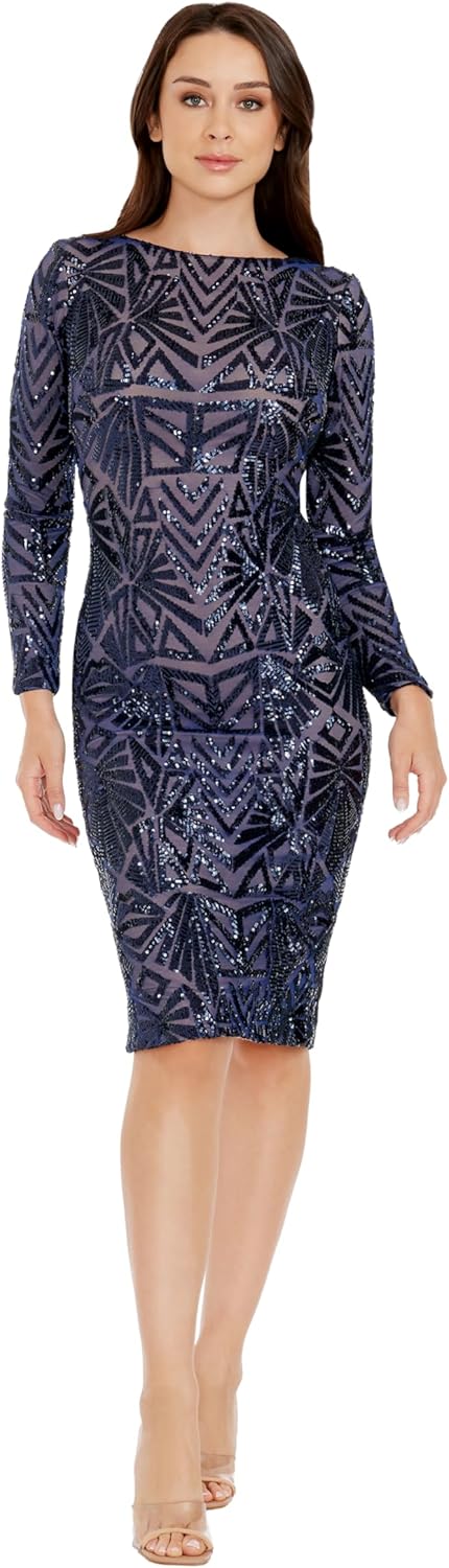 Dress the Population Women's Emery Long Sleeve Stretch Sequin Midi Sheath - Image 8