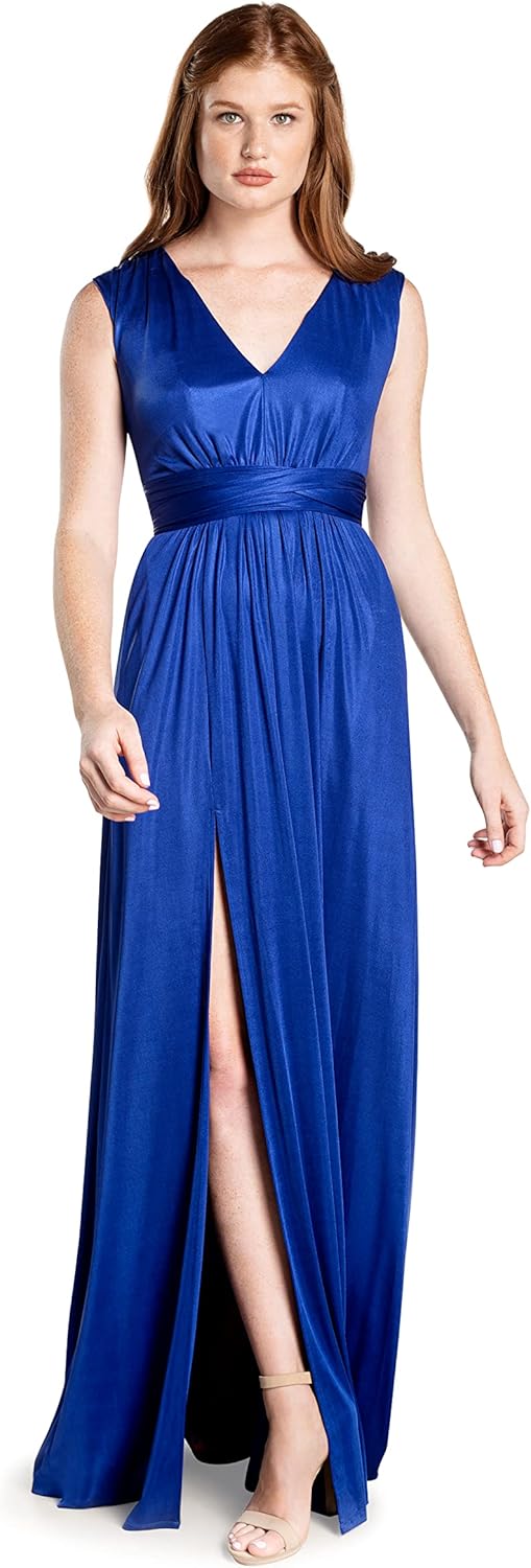 DRESS THE POPULATION Women's Krista V Neck Tie Waist Coated Jersey Slit Front Maxi Dress - Image 7