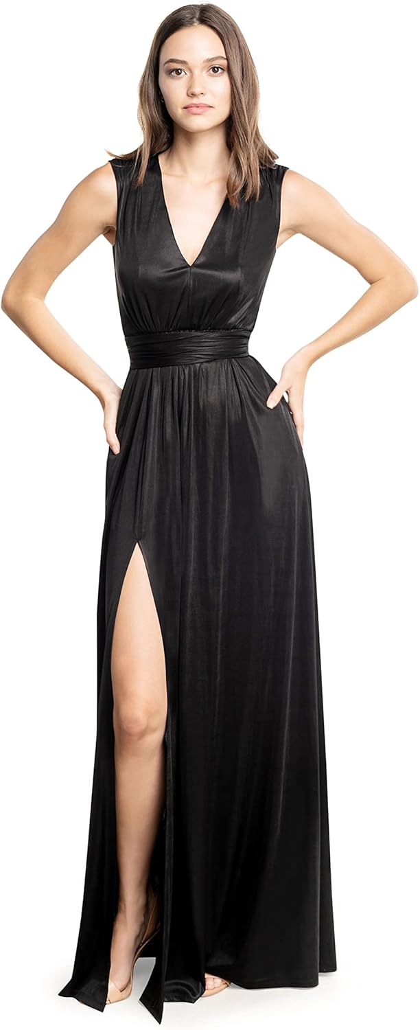 DRESS THE POPULATION Women's Krista V Neck Tie Waist Coated Jersey Slit Front Maxi Dress - Image 8