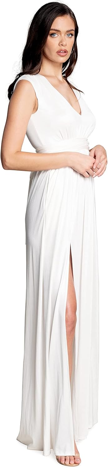 DRESS THE POPULATION Women's Krista V Neck Tie Waist Coated Jersey Slit Front Maxi Dress - Image 4