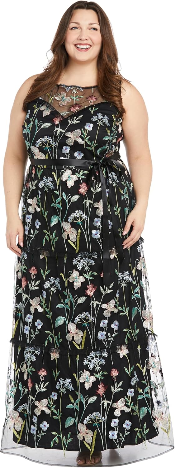 Elegant Long Floral Threadwork Gown W\/Tiered Skirt, Satin Waist Sash & Illusion Neckline - Image 4