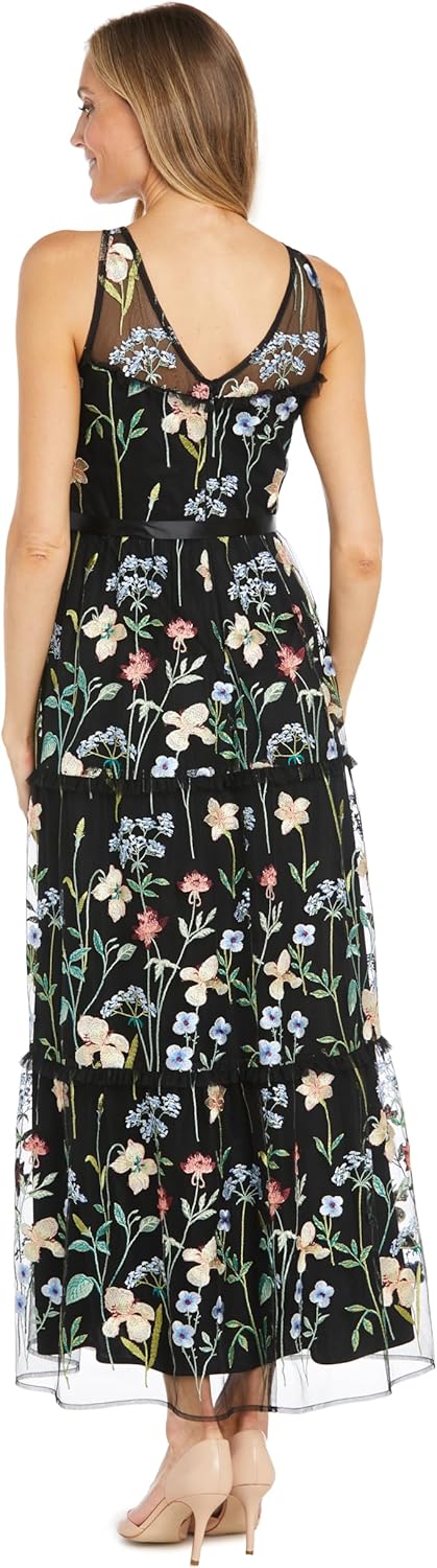 Elegant Long Floral Threadwork Gown W\/Tiered Skirt, Satin Waist Sash & Illusion Neckline - Image 3