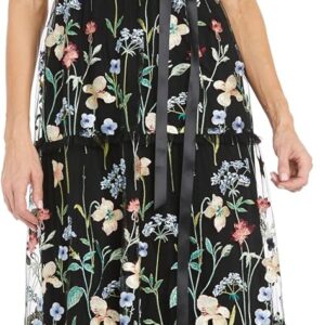 Elegant Long Floral Threadwork Gown W\/Tiered Skirt, Satin Waist Sash & Illusion Neckline