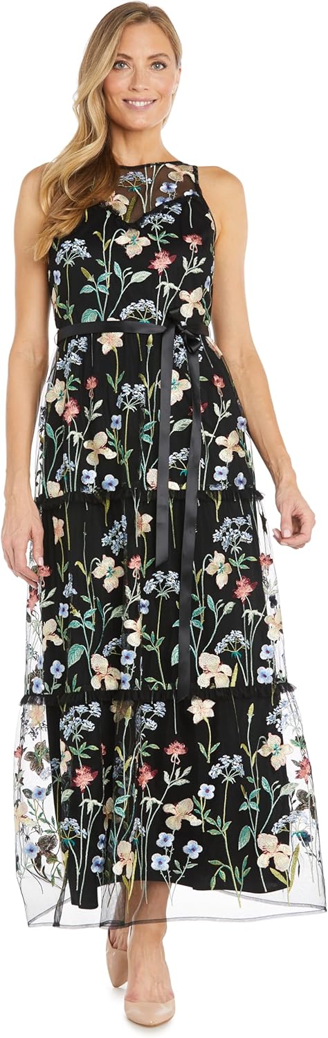 Elegant Long Floral Threadwork Gown W\/Tiered Skirt, Satin Waist Sash & Illusion Neckline