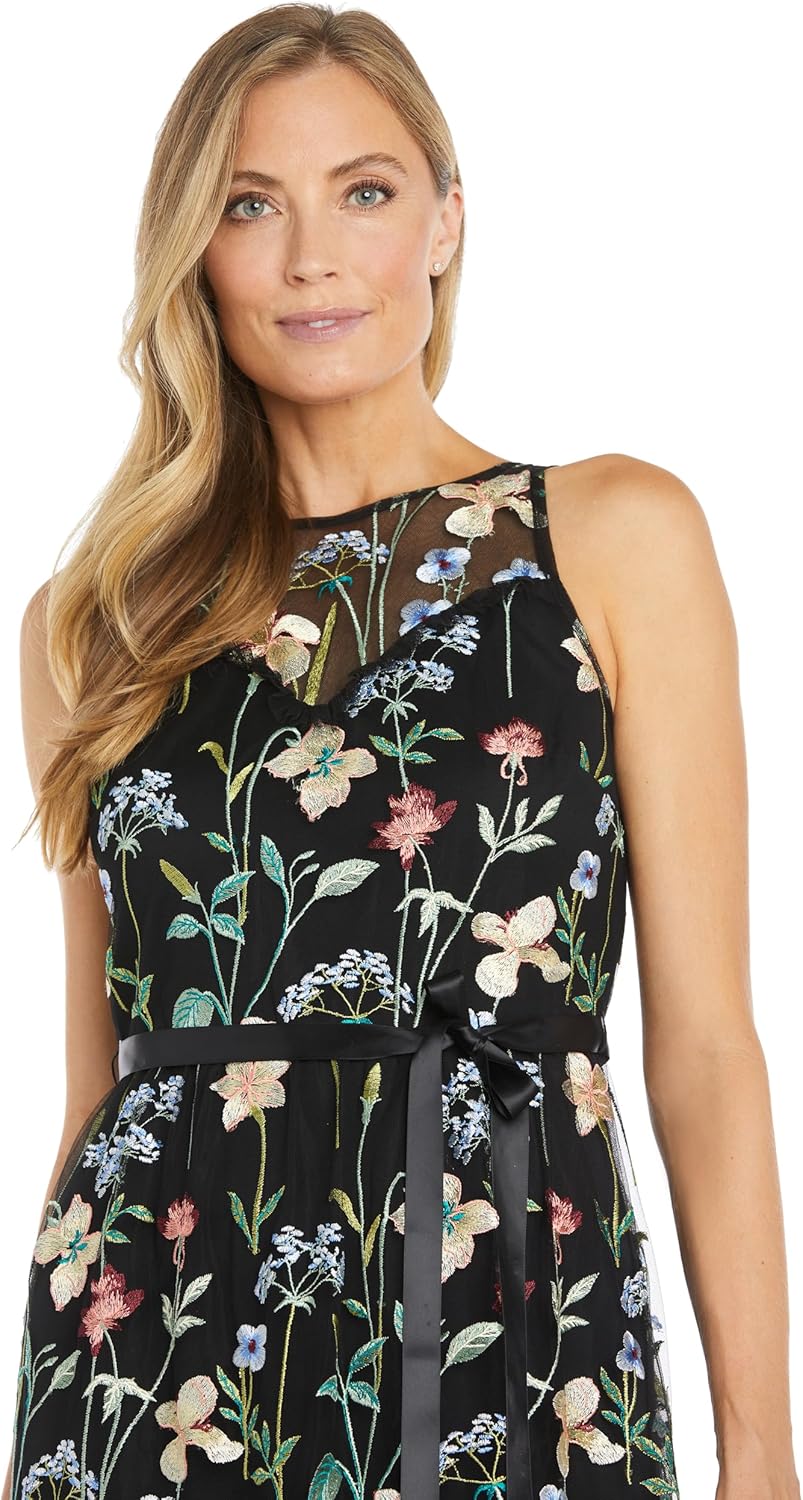 Elegant Long Floral Threadwork Gown W\/Tiered Skirt, Satin Waist Sash & Illusion Neckline - Image 2