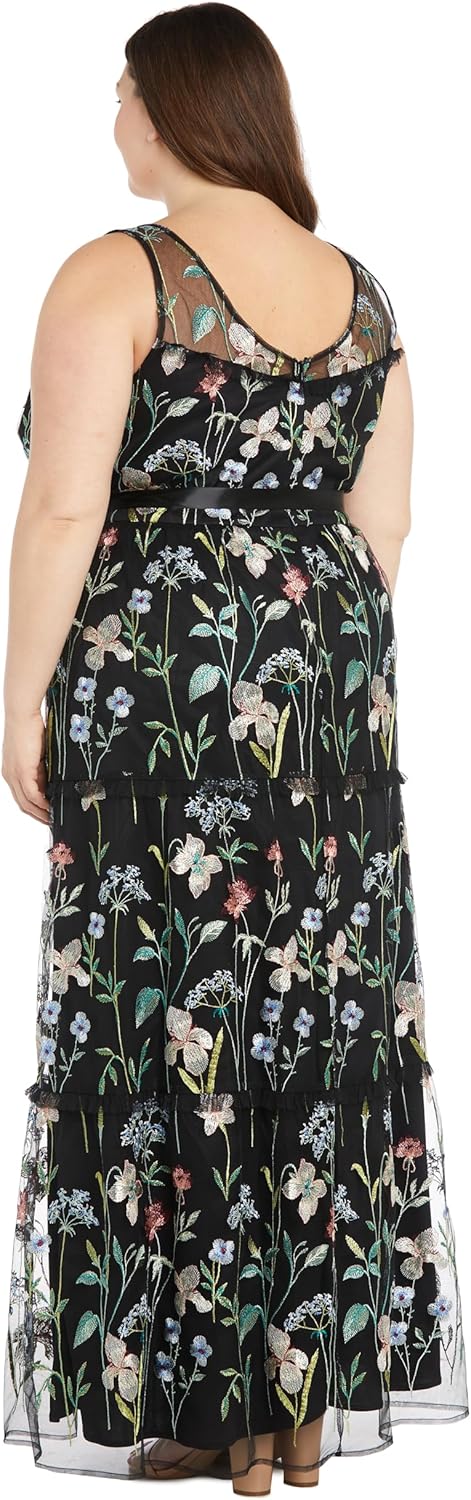 Elegant Long Floral Threadwork Gown W\/Tiered Skirt, Satin Waist Sash & Illusion Neckline - Image 6