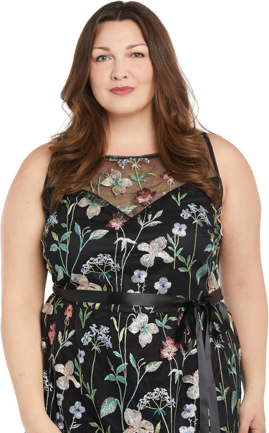 Elegant Long Floral Threadwork Gown W\/Tiered Skirt, Satin Waist Sash & Illusion Neckline - Image 5