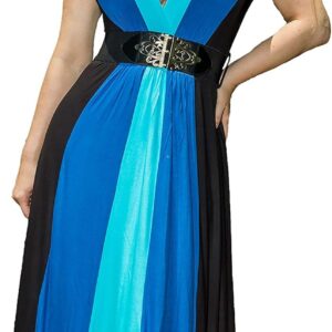 Funfash Elegant Short Sleeve Maxi Dress for Plus Size Women with Blue Black Stipe Blocks and Long Slimming A Line XL1x 2X 3X