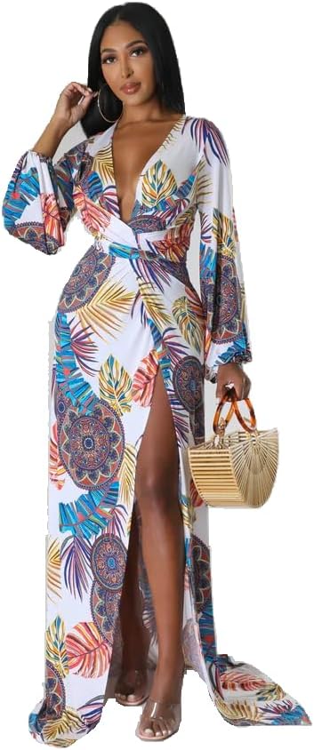 Generic Multicolor Floral Print Front Slit Maxi Dress