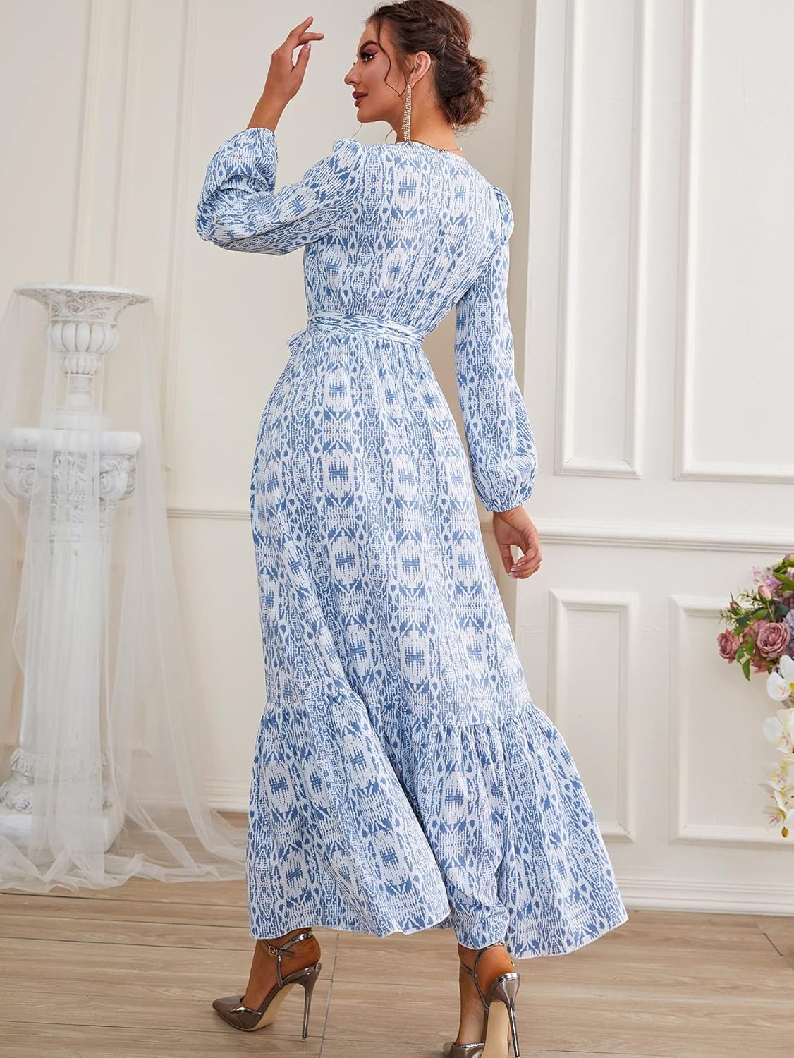 GLigeT Dresses for Women 2024 Long Sleeve Ruffle Hem Belted A Line Maxi Dress - Image 2