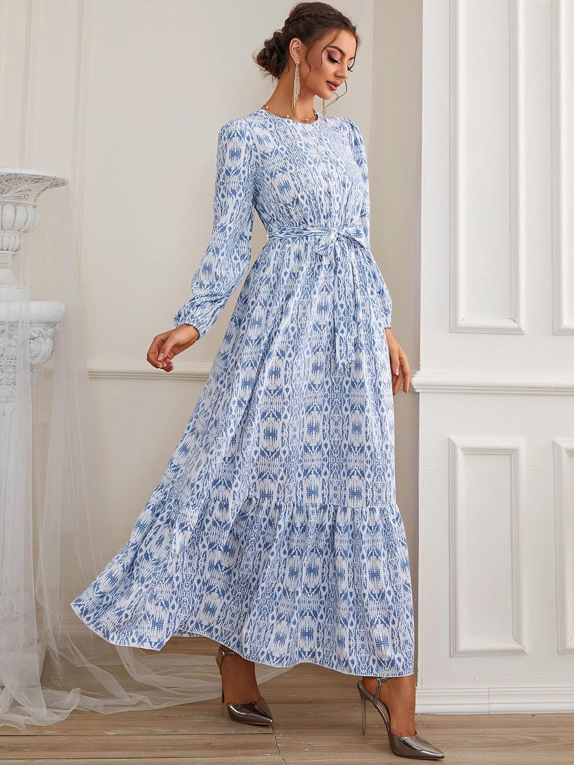 GLigeT Dresses for Women 2024 Long Sleeve Ruffle Hem Belted A Line Maxi Dress - Image 3