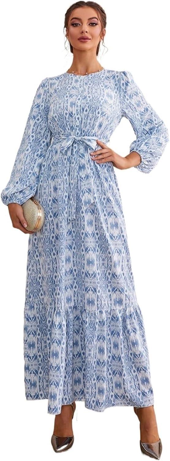 GLigeT Dresses for Women 2024 Long Sleeve Ruffle Hem Belted A Line Maxi Dress