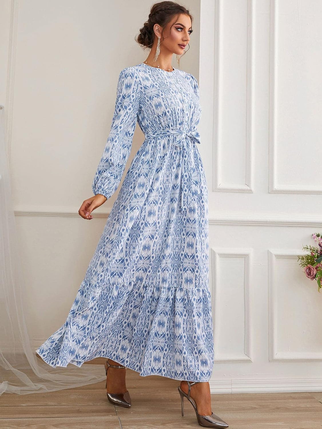 GLigeT Dresses for Women 2024 Long Sleeve Ruffle Hem Belted A Line Maxi Dress - Image 4