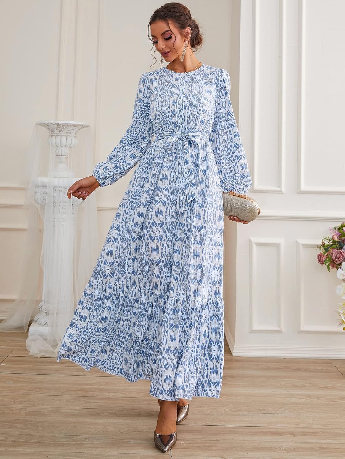 GLigeT Dresses for Women 2024 Long Sleeve Ruffle Hem Belted A Line Maxi Dress - Image 5