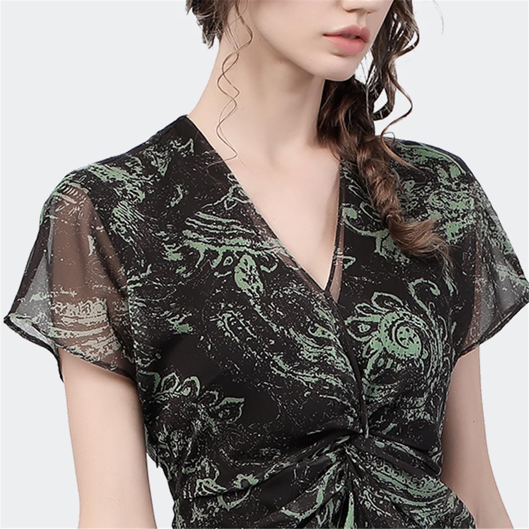 Hdhdeueh Women Chiffon Printed Maxi Dress V-Neck Short Sleeve Cinched Waist A-Line Elegant Long Dresses - Image 3