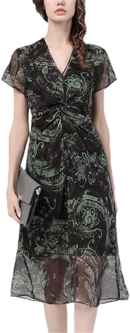 Hdhdeueh Women Chiffon Printed Maxi Dress V-Neck Short Sleeve Cinched Waist A-Line Elegant Long Dresses