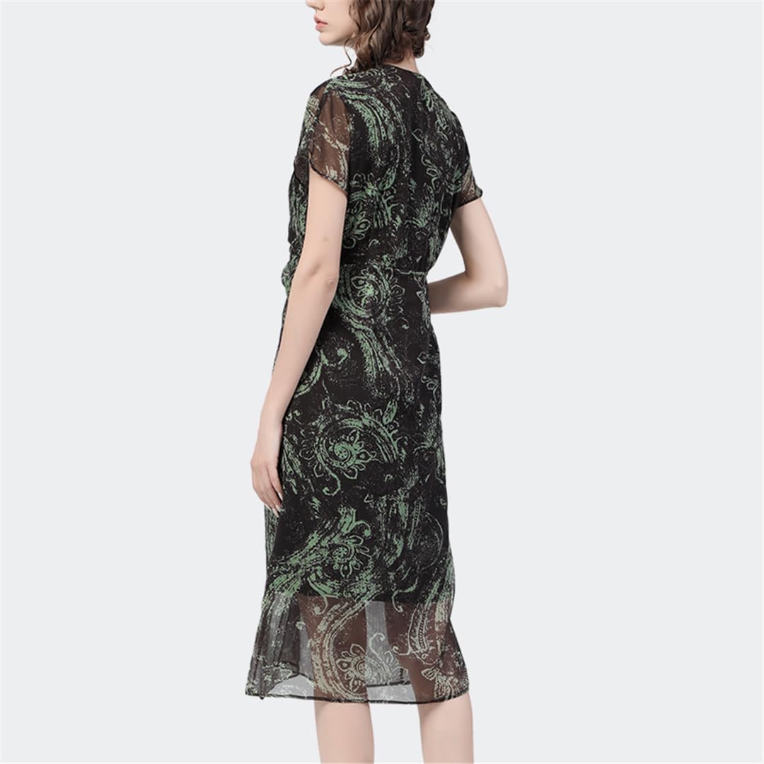 Hdhdeueh Women Chiffon Printed Maxi Dress V-Neck Short Sleeve Cinched Waist A-Line Elegant Long Dresses - Image 2