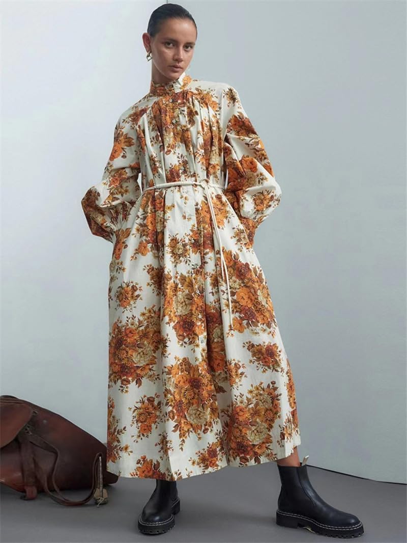 Hdhdeueh Womens Single Breasted Maxi Dress Belt Flare Long Sleeve Print Shirts Long Dresses - Image 2