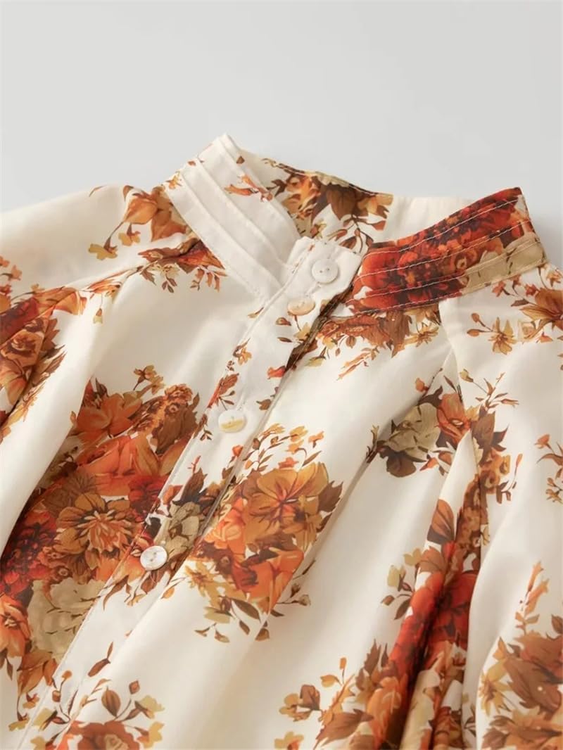 Hdhdeueh Womens Single Breasted Maxi Dress Belt Flare Long Sleeve Print Shirts Long Dresses - Image 3