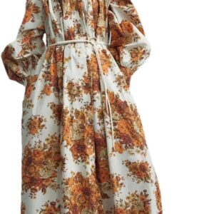 Hdhdeueh Womens Single Breasted Maxi Dress Belt Flare Long Sleeve Print Shirts Long Dresses