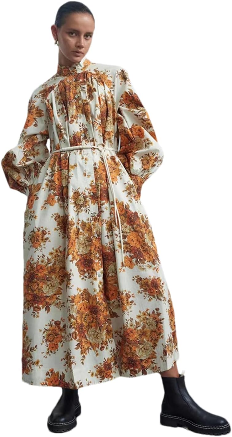 Hdhdeueh Womens Single Breasted Maxi Dress Belt Flare Long Sleeve Print Shirts Long Dresses