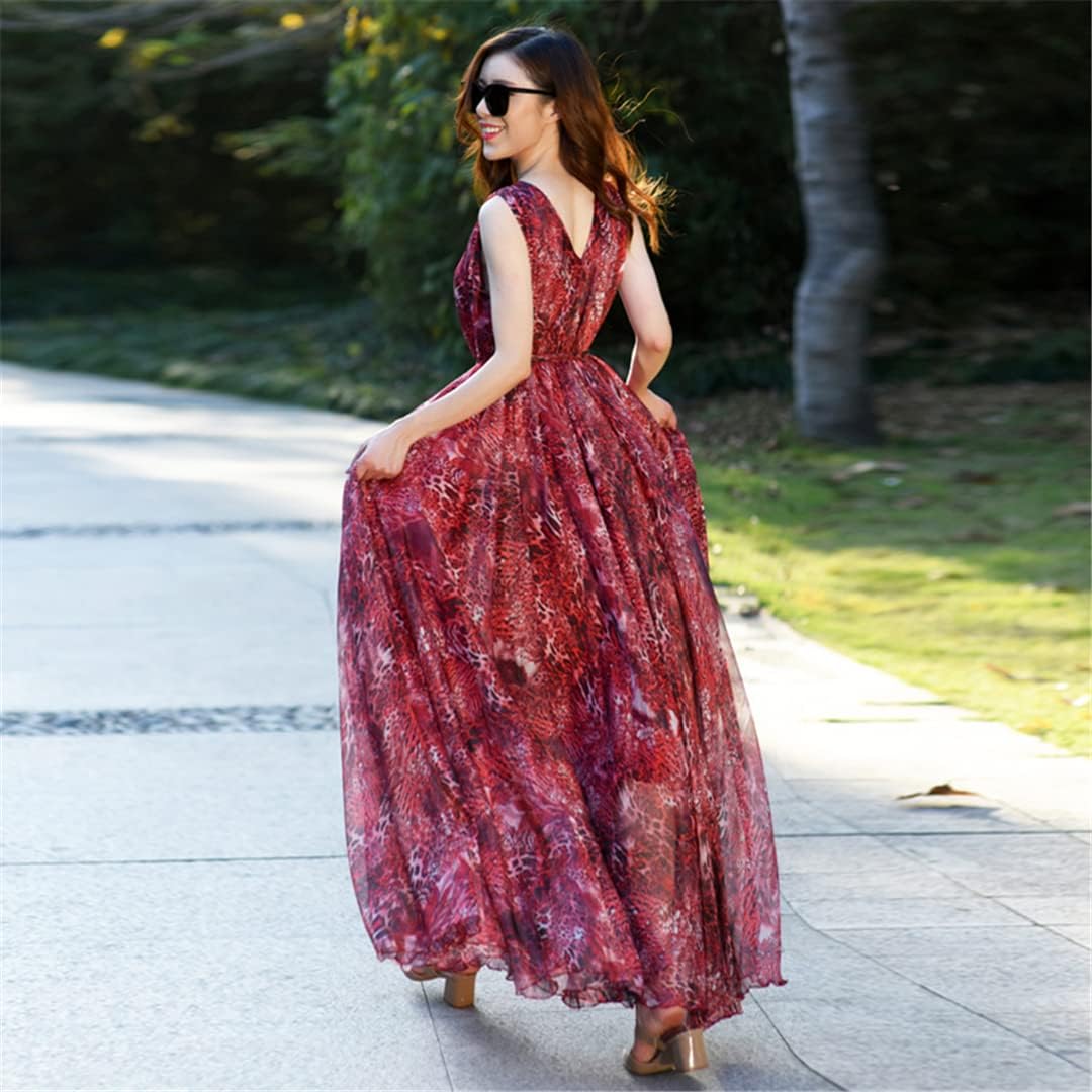 Hndudnff Ladies Boho Print V Neck Chiffon Maxi Dress - Image 5