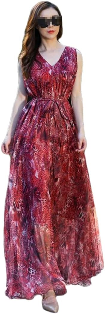 Hndudnff Ladies Boho Print V Neck Chiffon Maxi Dress