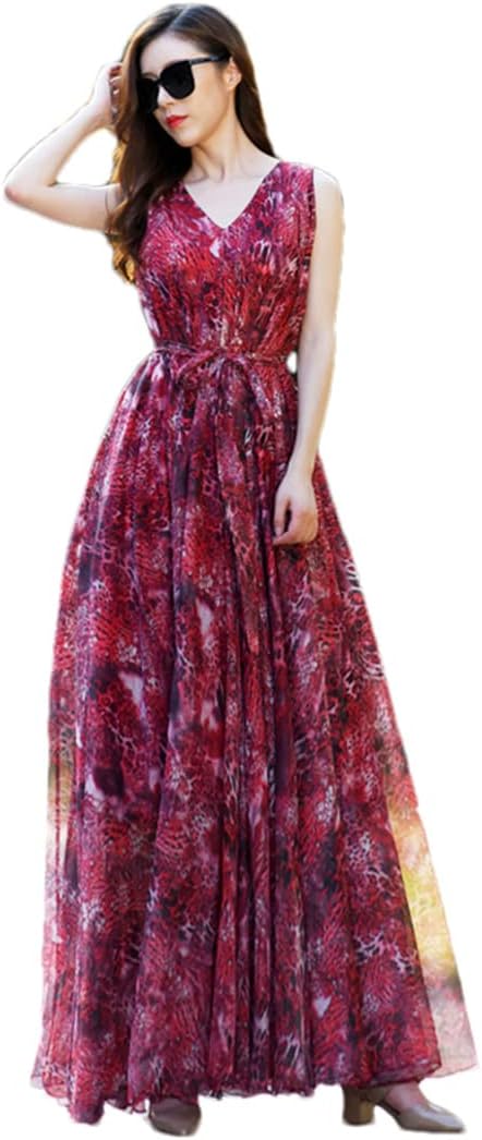 Hndudnff Ladies Boho Print V Neck Chiffon Maxi Dress - Image 2