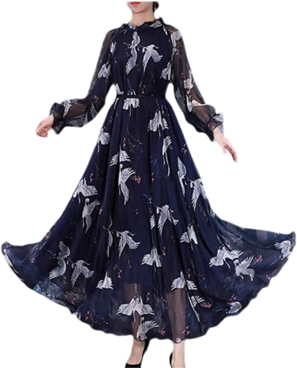 Hndudnff Women Chiffon Long Sleeve Floralprint Boho Beach Party Maxidress - Image 10
