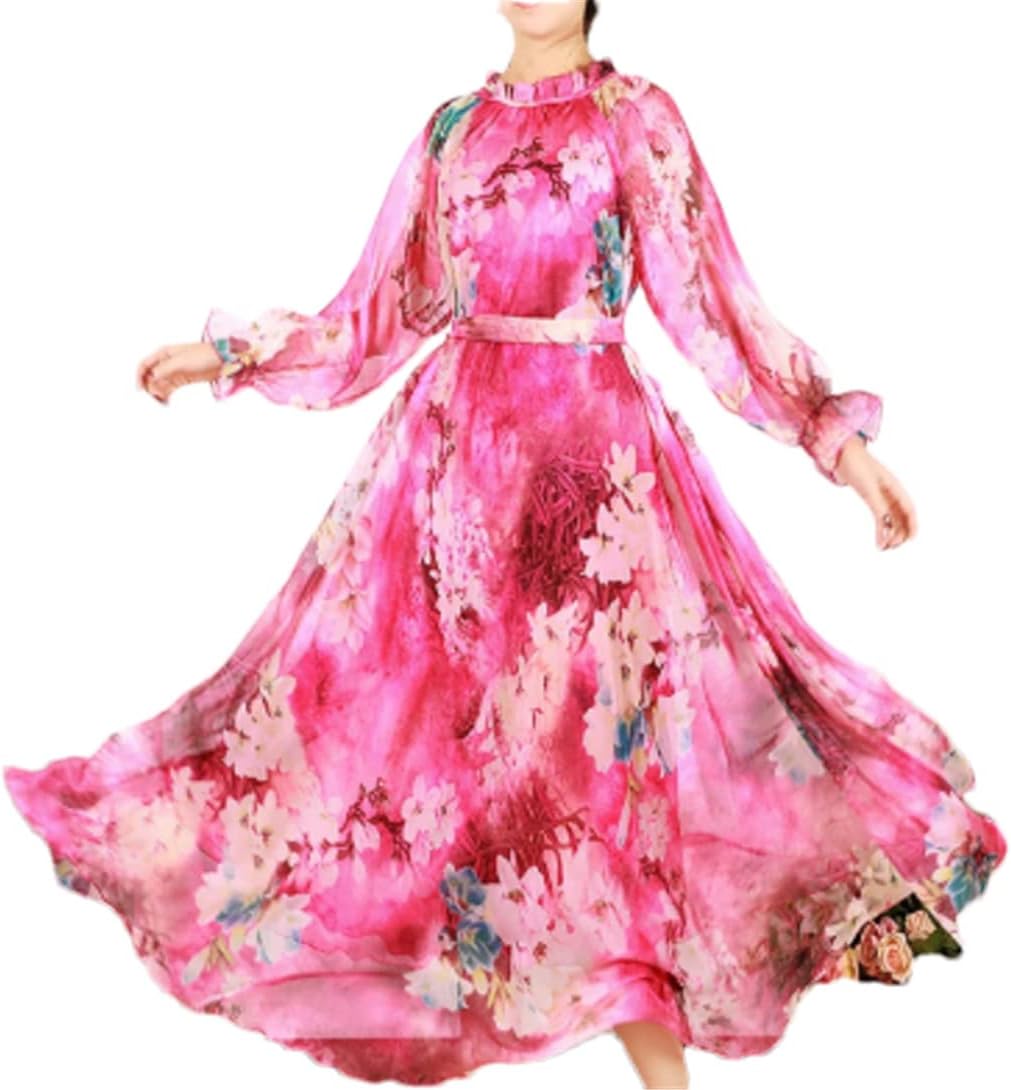 Hndudnff Women Chiffon Long Sleeve Floralprint Boho Beach Party Maxidress - Image 8