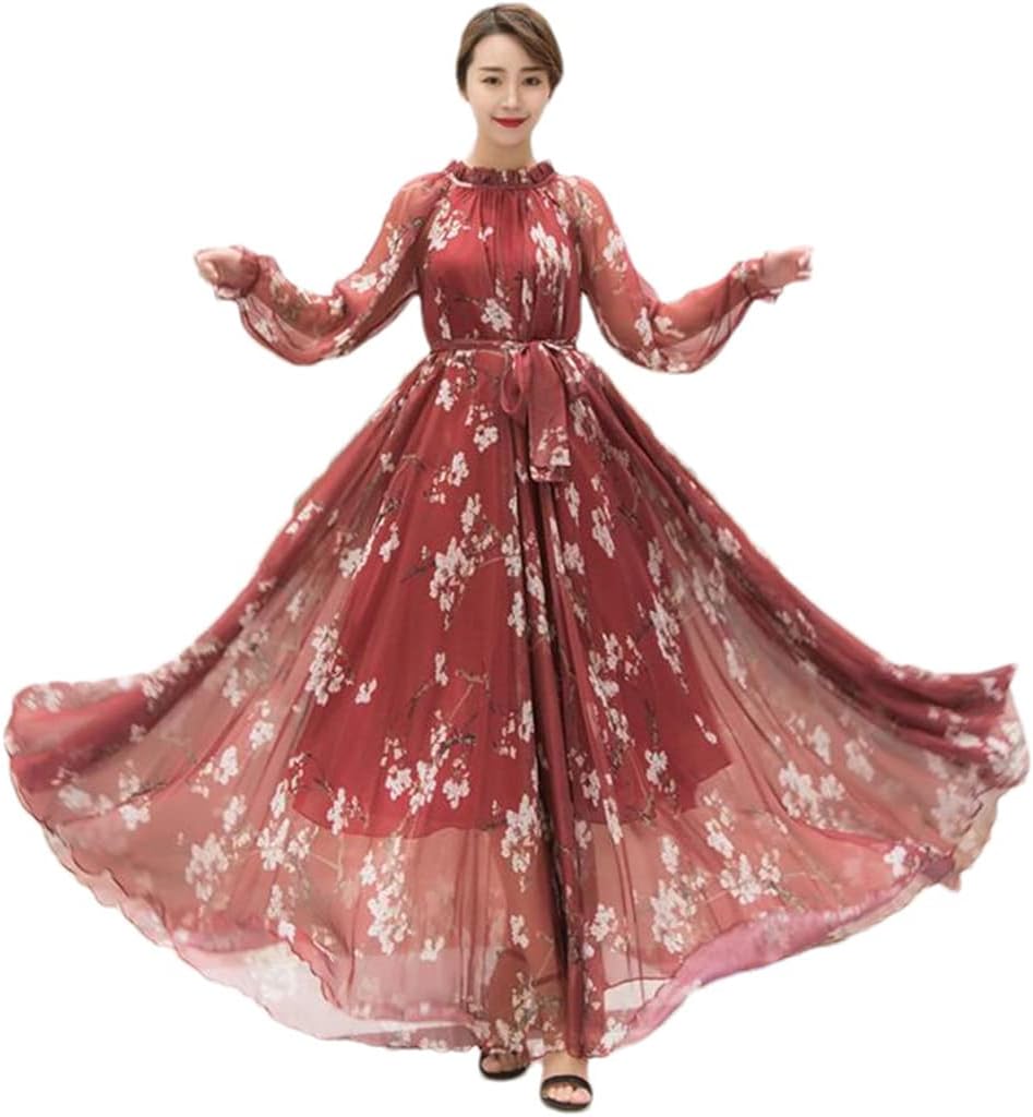 Hndudnff Women Chiffon Long Sleeve Floralprint Boho Beach Party Maxidress - Image 9