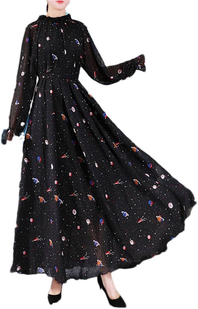 Hndudnff Women Chiffon Long Sleeve Floralprint Boho Beach Party Maxidress - Image 7