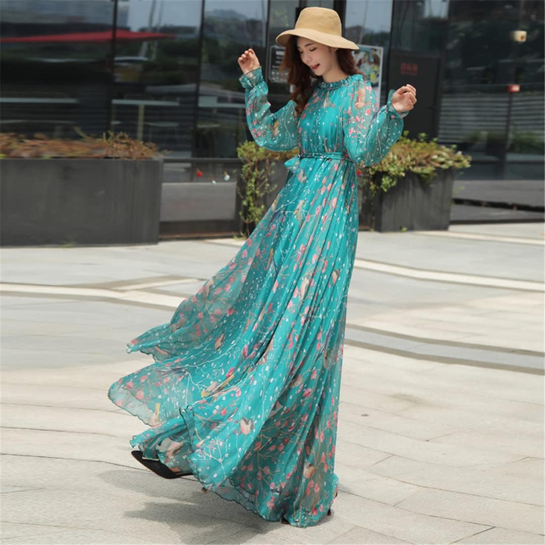 Hndudnff Women Chiffon Long Sleeve Floralprint Boho Beach Party Maxidress - Image 4